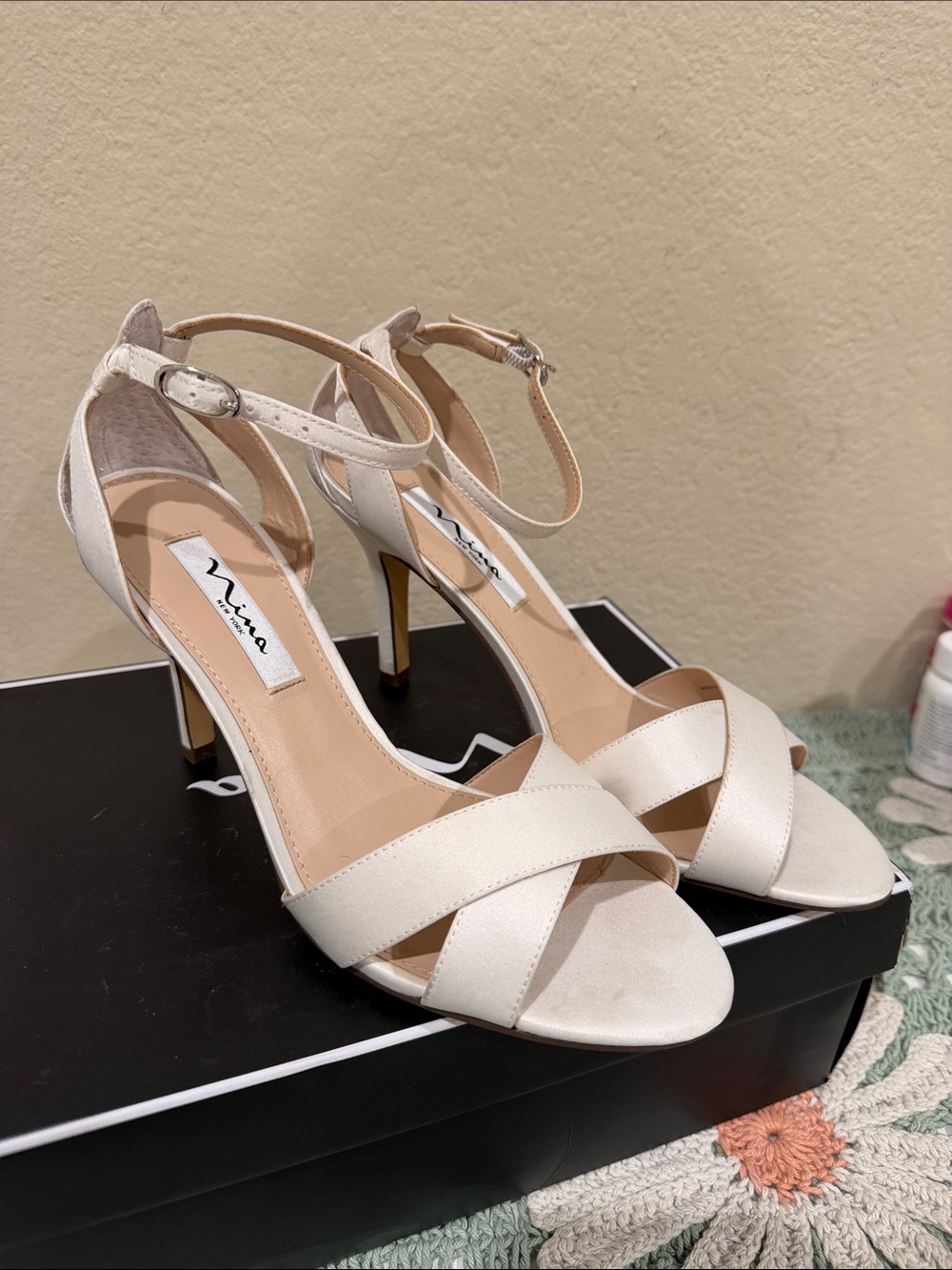Nina Ivory Crisscross Ankle-Strap Heels